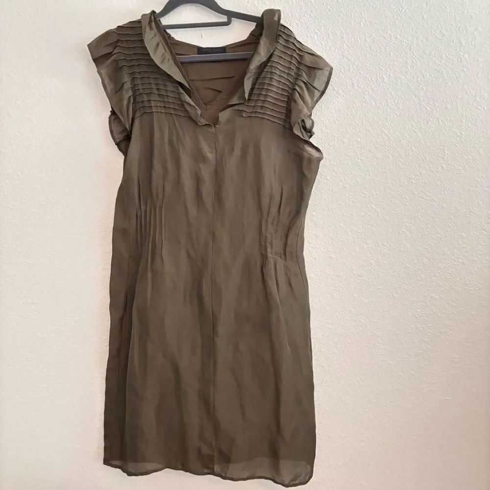 Bruuns Bazaar Copenhagen Olive Green Dress Ruffles Linen/Silk Blend, size 38